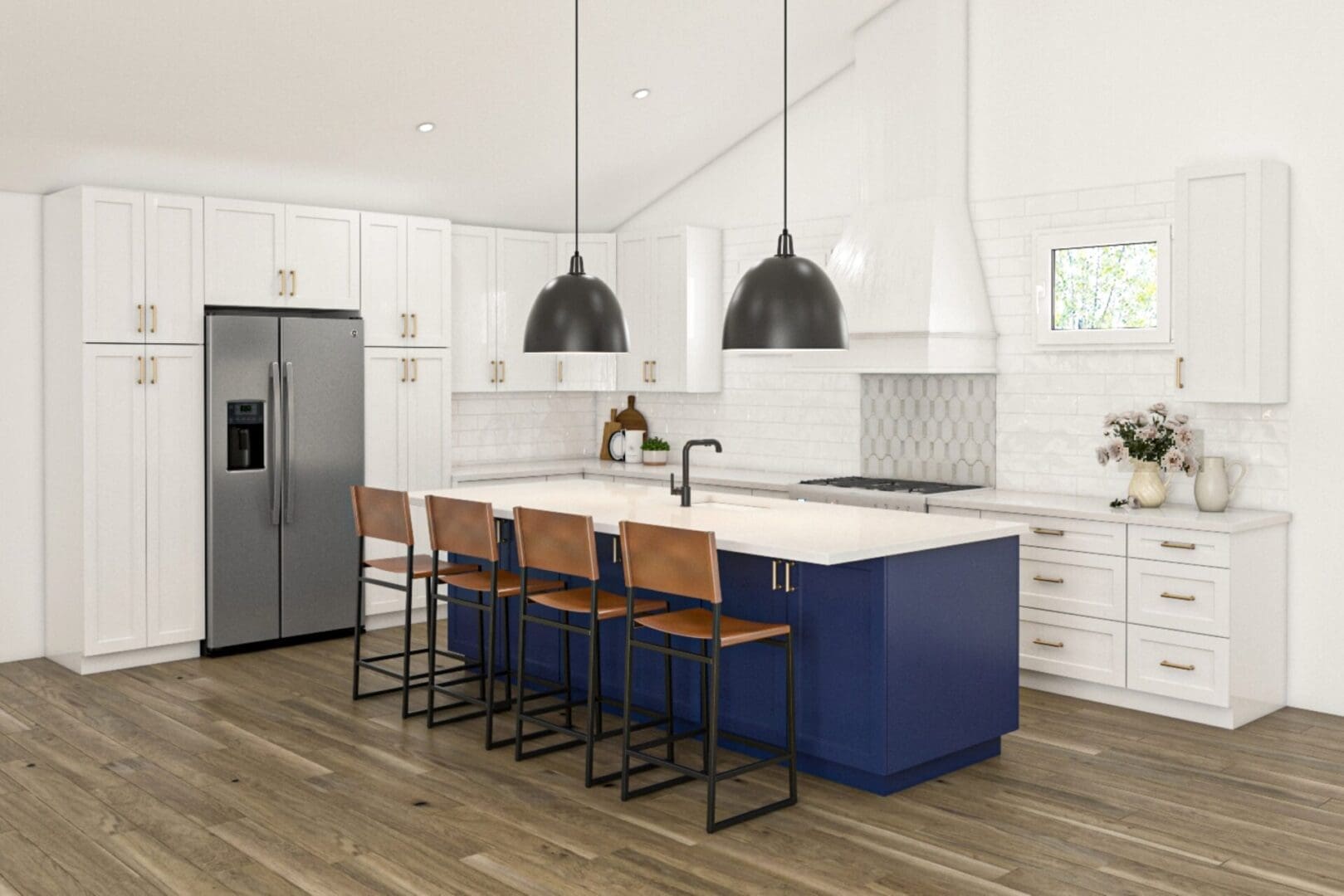 Modern kitchen island with blue cabinetry.