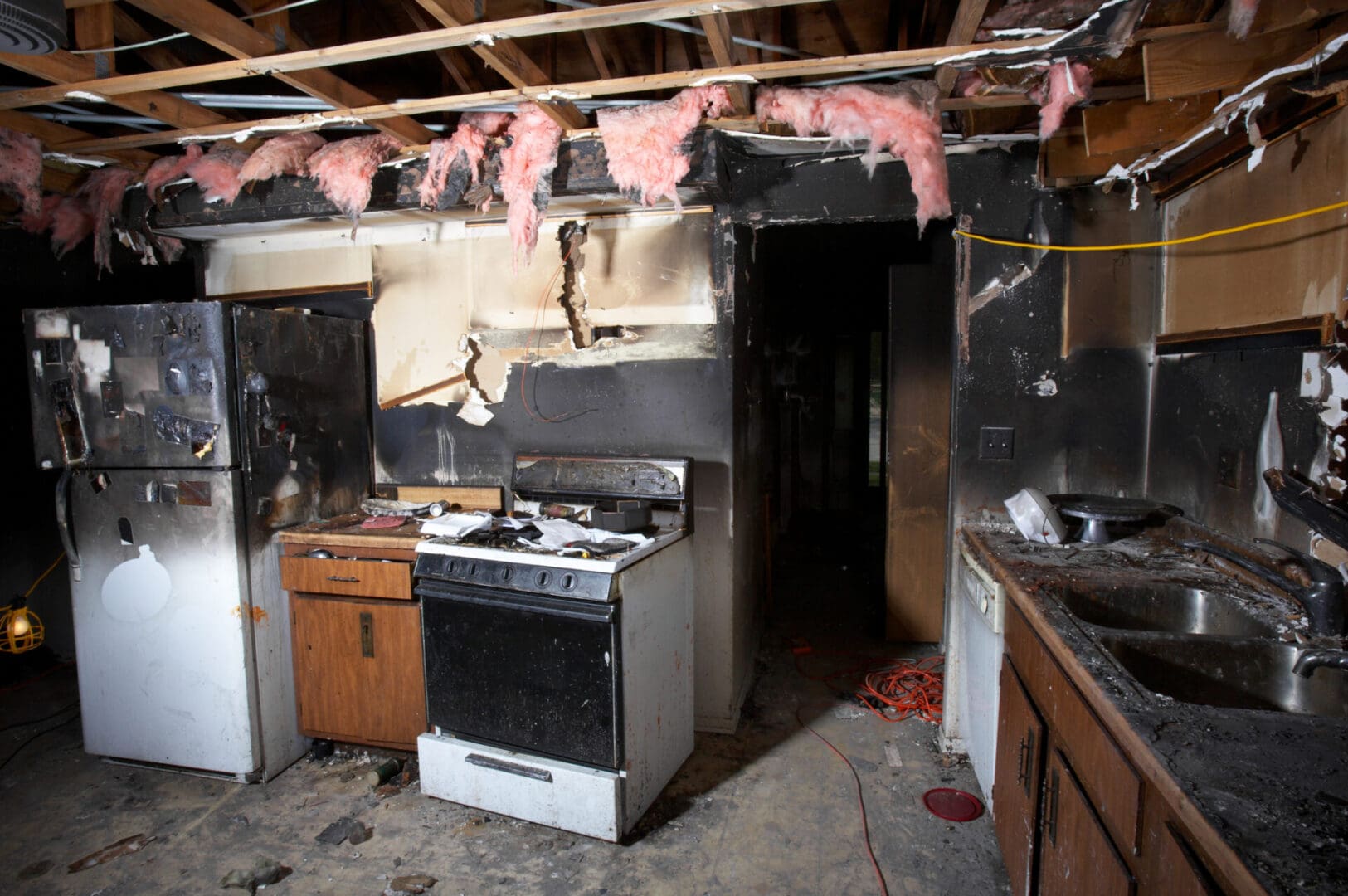 Fire-damaged kitchen appliances and walls.
